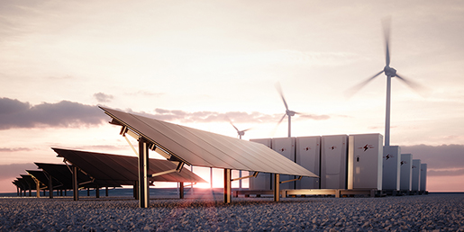 Dawn of new renewable energy technologies. Modern, aesthetic and efficient dark solar panel panels, a modular battery energy storage system and a wind turbine system in warm light. 3D rendering.