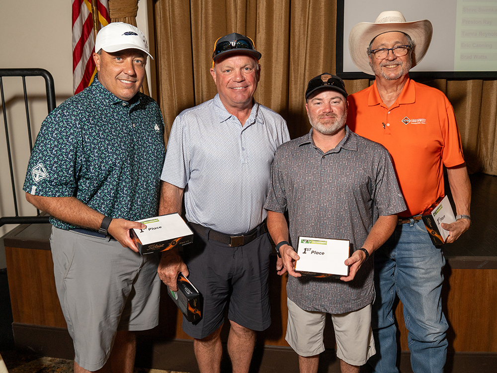 2024 CoServ Charitable Foundation Golf Tournament at Wildhorse Golf Club in Denton. West Course First Place Winner: Southwest International Trucks: (L to R) , Jason Schmidt, Bryan Schaffer, Nathan LaDouceur, Calvin Lewis.