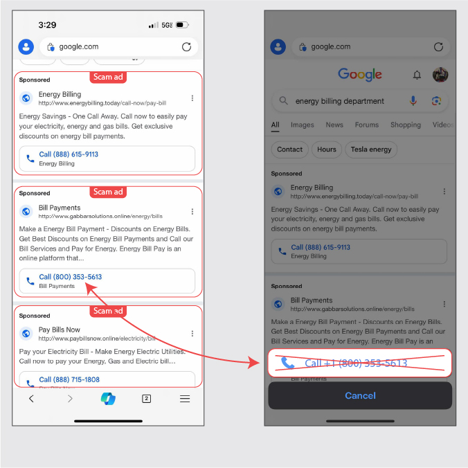 These screenshots show an example of the scams that can pop up if you search for "energy billing department." Note the different phone numbers that are NOT the correct number for CoServ's Customer Care Specialists. 