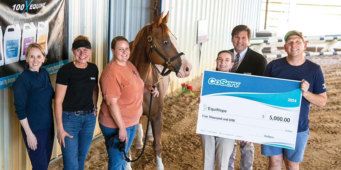 Jennifer Mathis, Board Vice President and co-founder Marge Nicholson, Program Director Kaley Millender, Oscar, CoServ Board Director Will Kollar, CCF Coordinator Jennifer Ebert and EquiHope Board President and co-founder Kent Billiter.